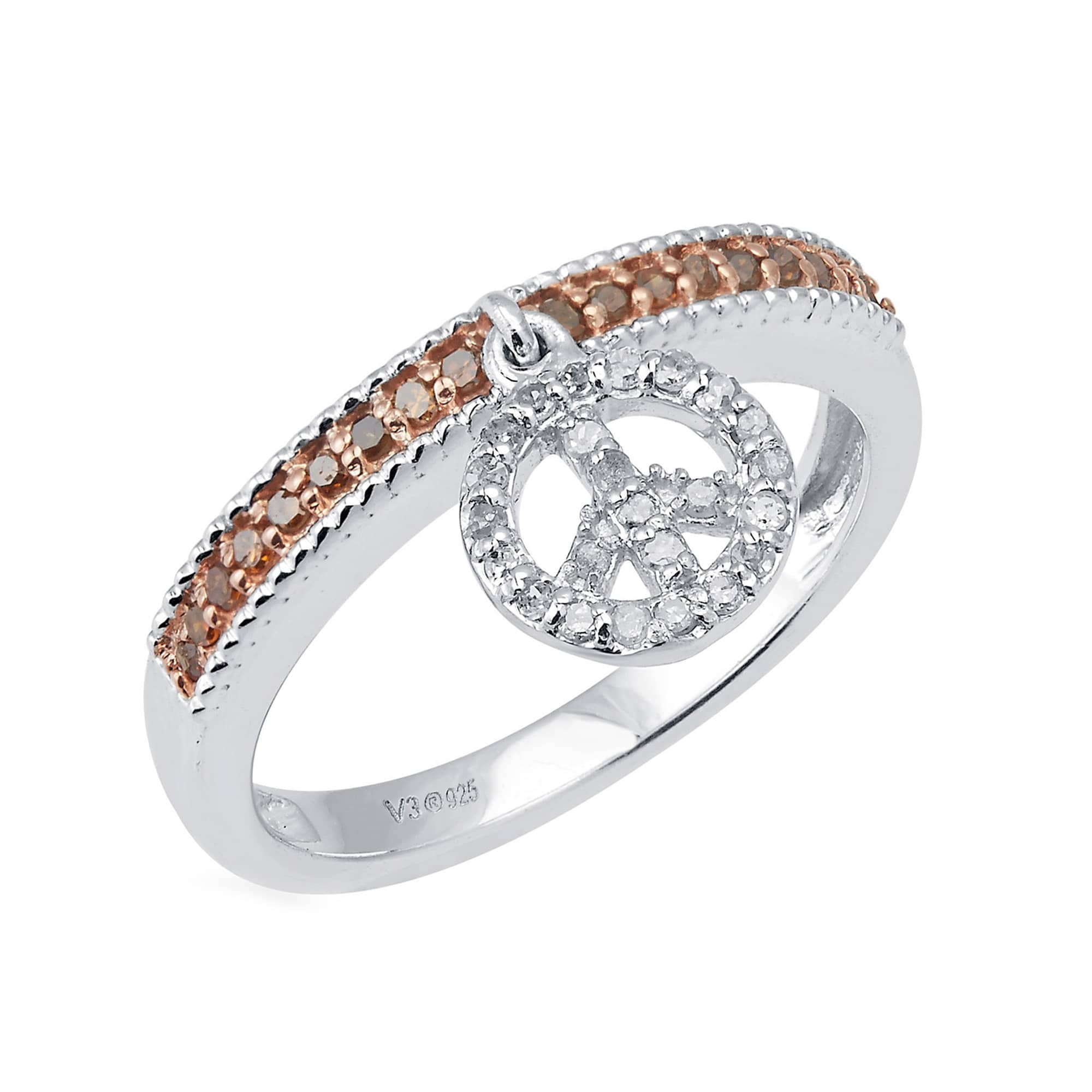 V3 Jewelry Sterling Silver Real Red and White Diamond Peace Dangle Charm Band Ring