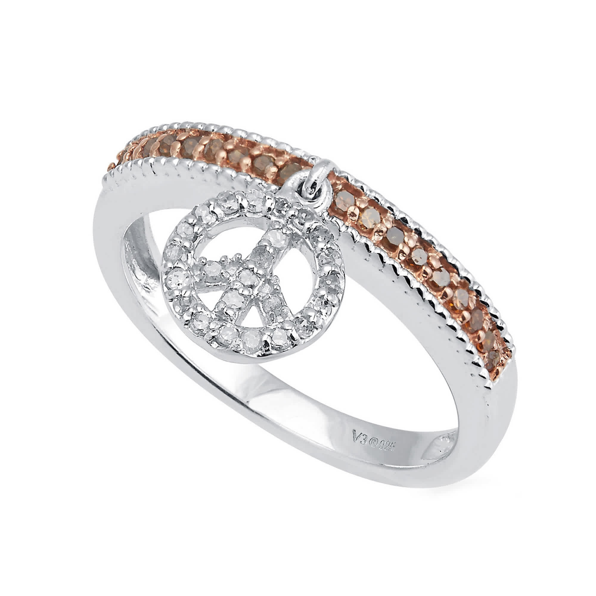 V3 Jewelry Sterling Silver Real Red and White Diamond Peace Dangle Charm Band Ring - Image 2