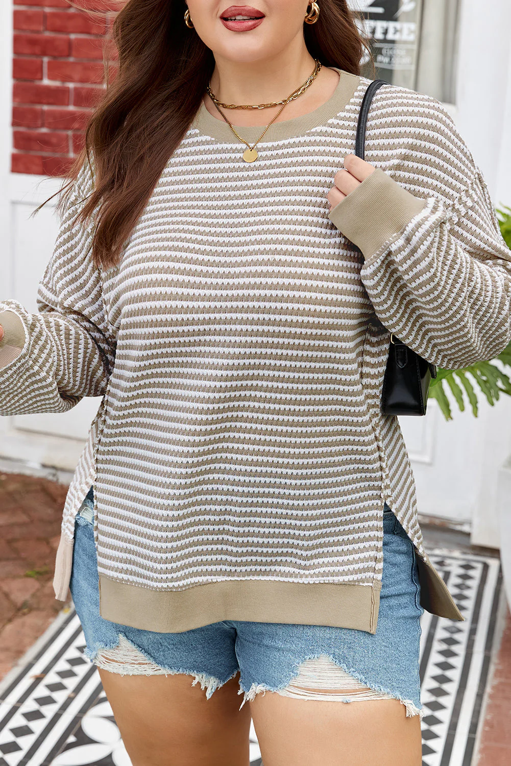 Threaded Pear Vanessa Knit Ribbed Trim Long Sleeve PLUS Top - Image 6