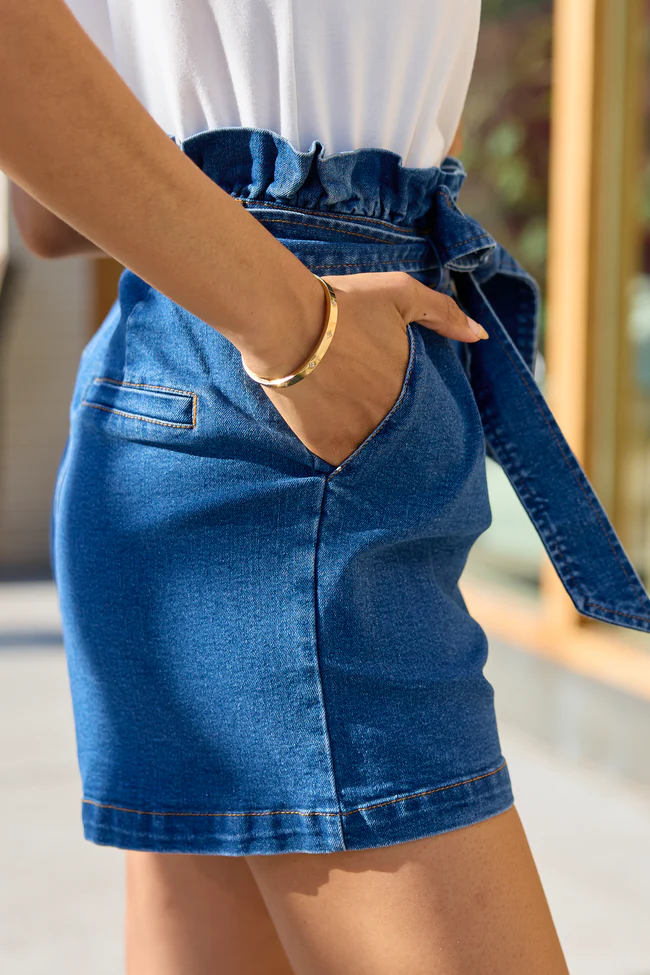 What's New Dark Wash Paperbag Waist Belted Denim Shorts - Image 3