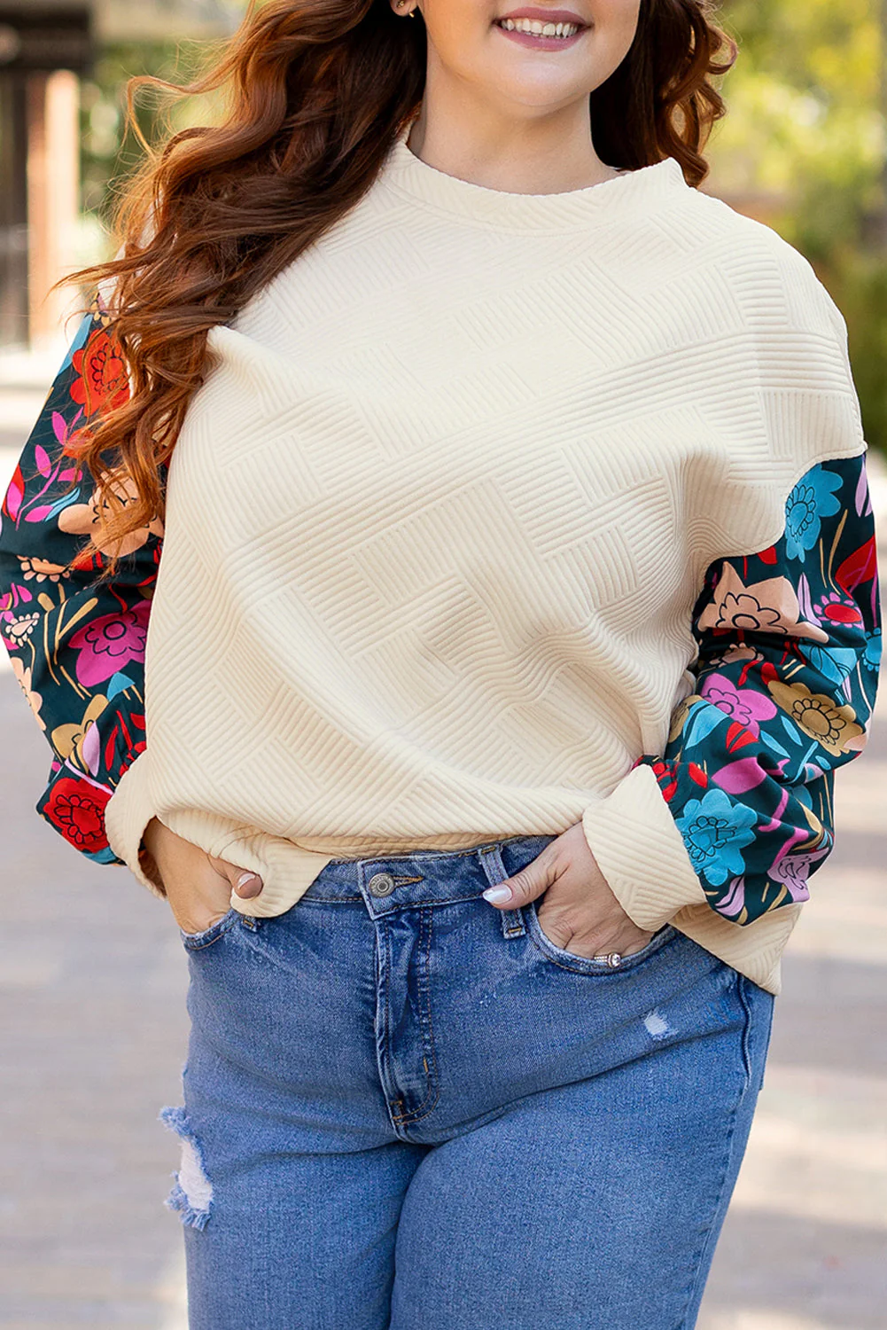 Threaded Pear White Floral Patchwork Sleeve Textured Plus Size Pullover Top - Image 7