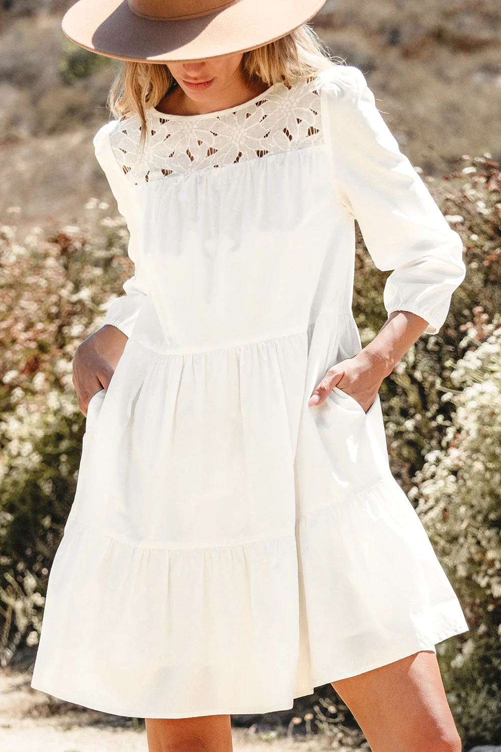 Threaded Pear Whitley Floral Lace Patchwork Tiered Mini Dress - Image 5