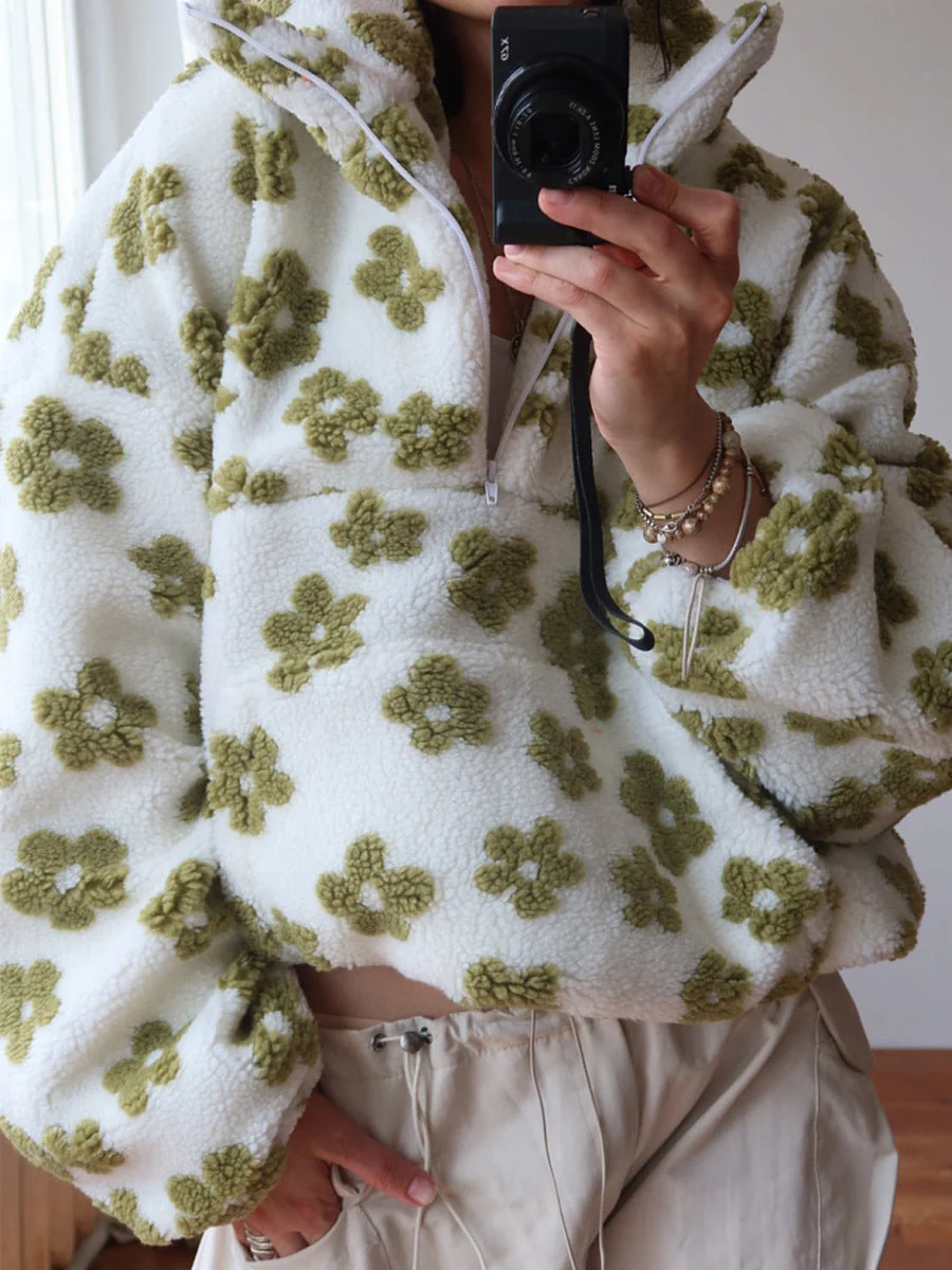 Winter Flowers Lambskin Sweatshirt Women | Cozy Zip-Up Pocket Pullover - Image 6