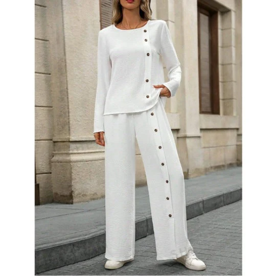 Women’s Button-Up Top and Loose Fit Two Piece Linen Set - Image 3