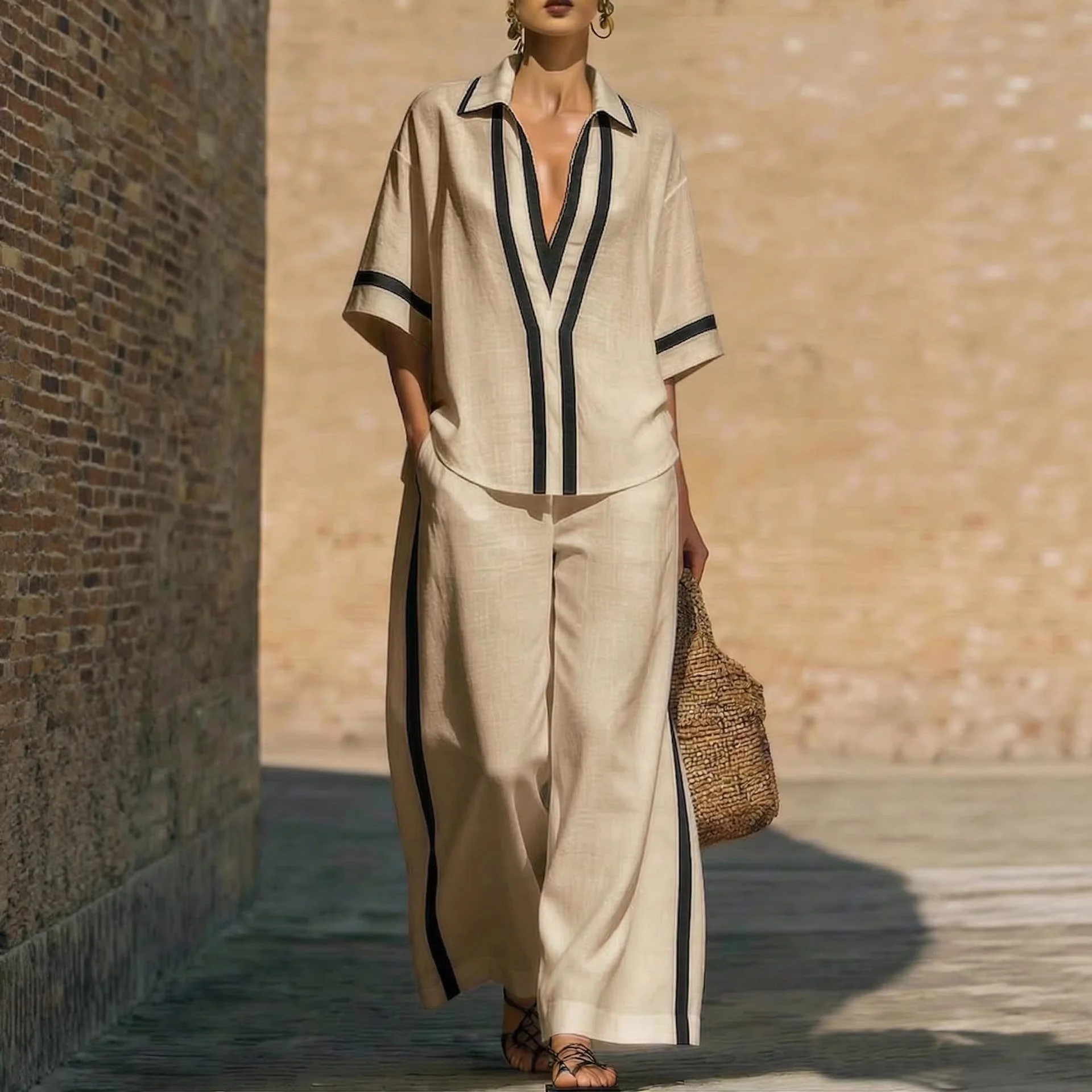 Women’s Color Block Shirt and Wide-Leg Pants Set - Image 3