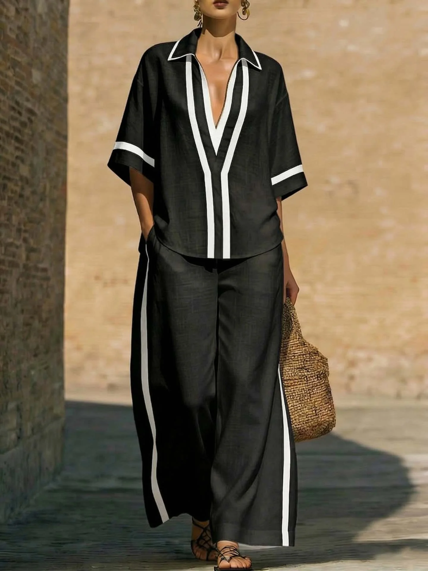 Women’s Color Block Shirt and Wide-Leg Pants Set - Image 5