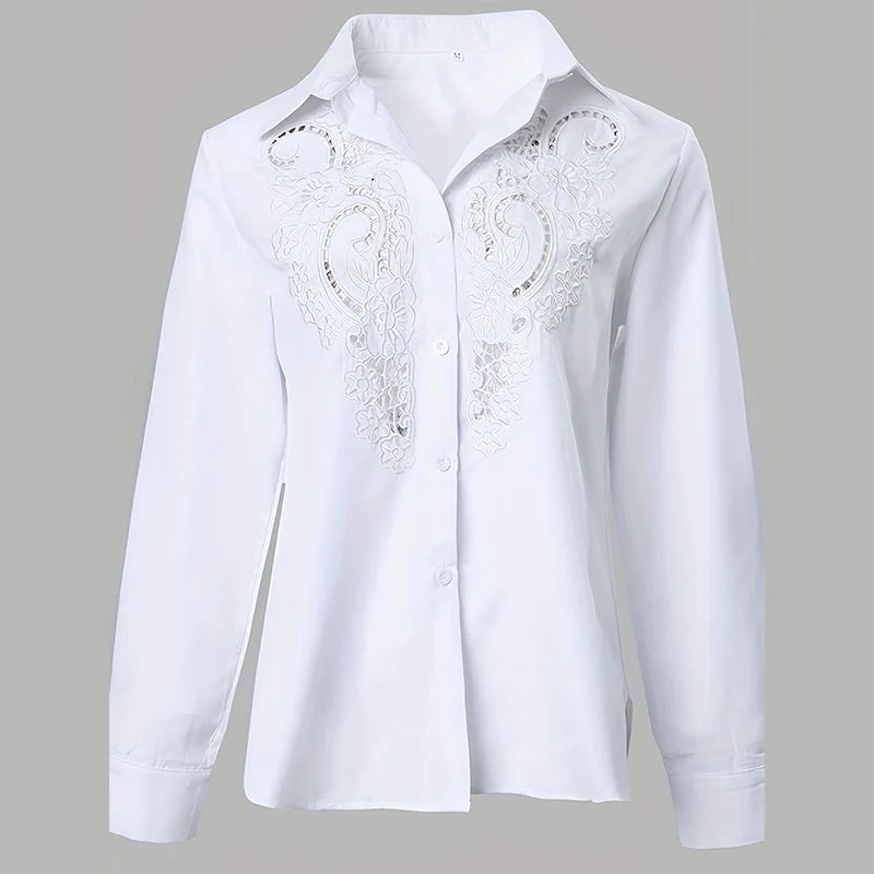 Women’s Contrast Lace Long-Sleeve Button‑Down Blouse - Image 3
