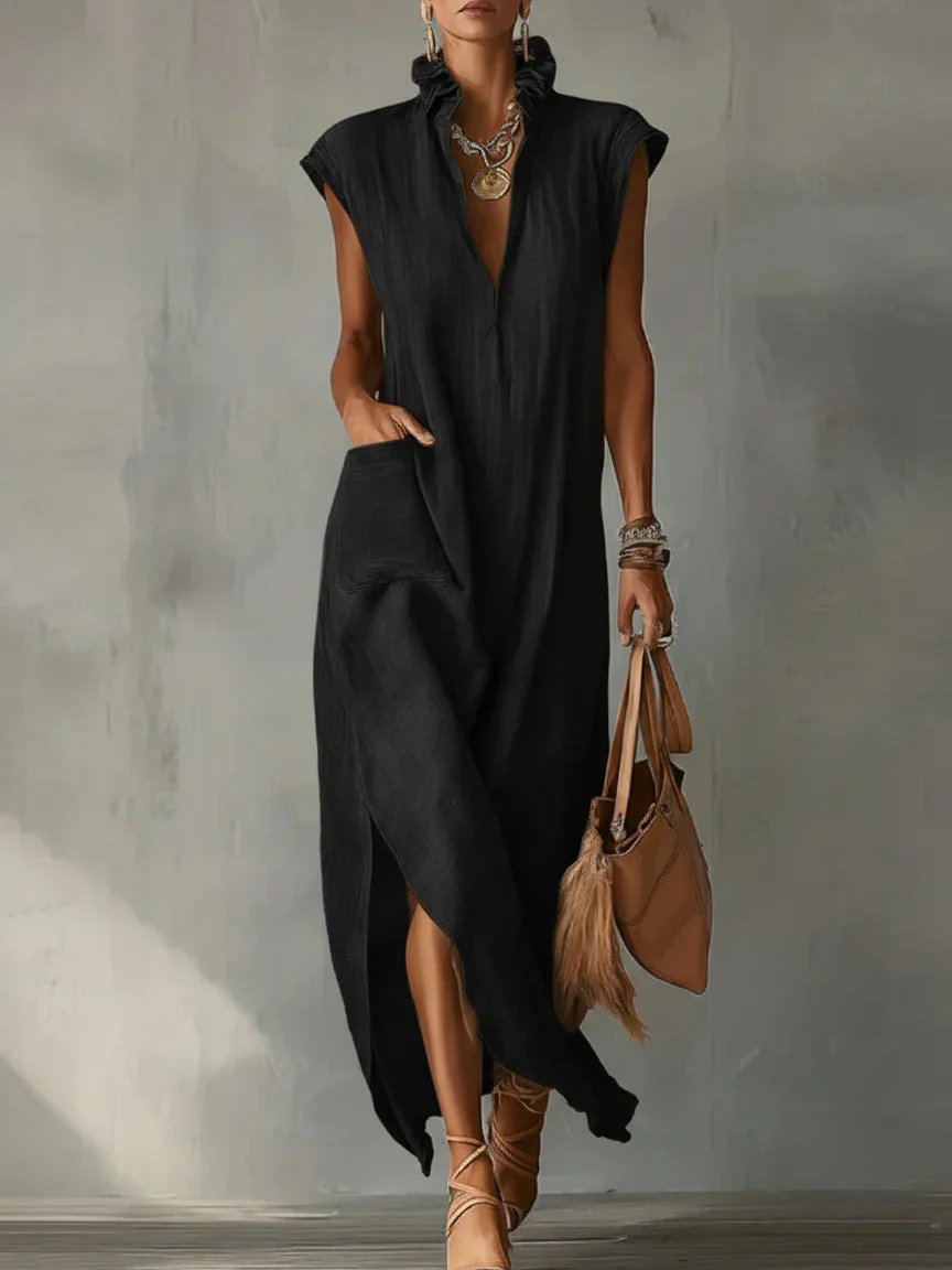 Women’s Cotton-Linen Sleeveless Solid-Color Shirt Dress - Image 6