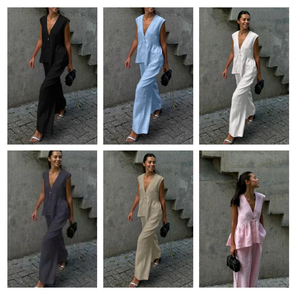 Women’s Cotton V-Neck Sleeveless Vest and Wide-Leg Pants Set - Image 2