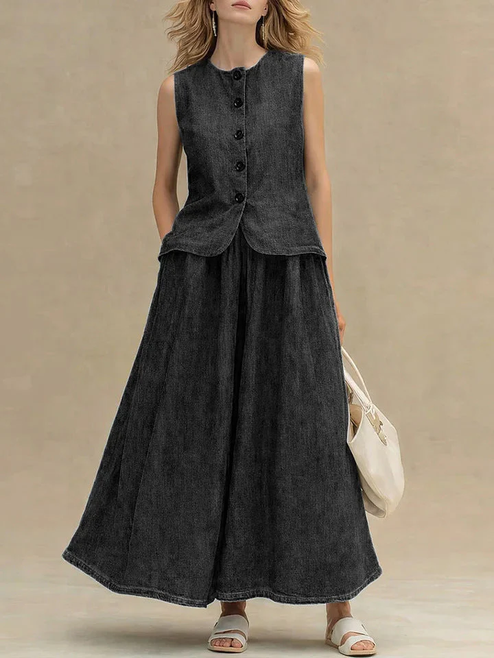 Women’s Crew Neck Denim Top and High-Waist A-Line Skirt Set - Image 5