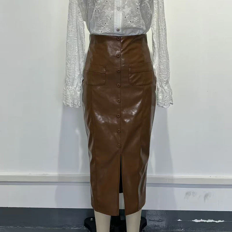 Women’s Faux Leather High-Waisted Bodycon Midi Skirt - Image 6