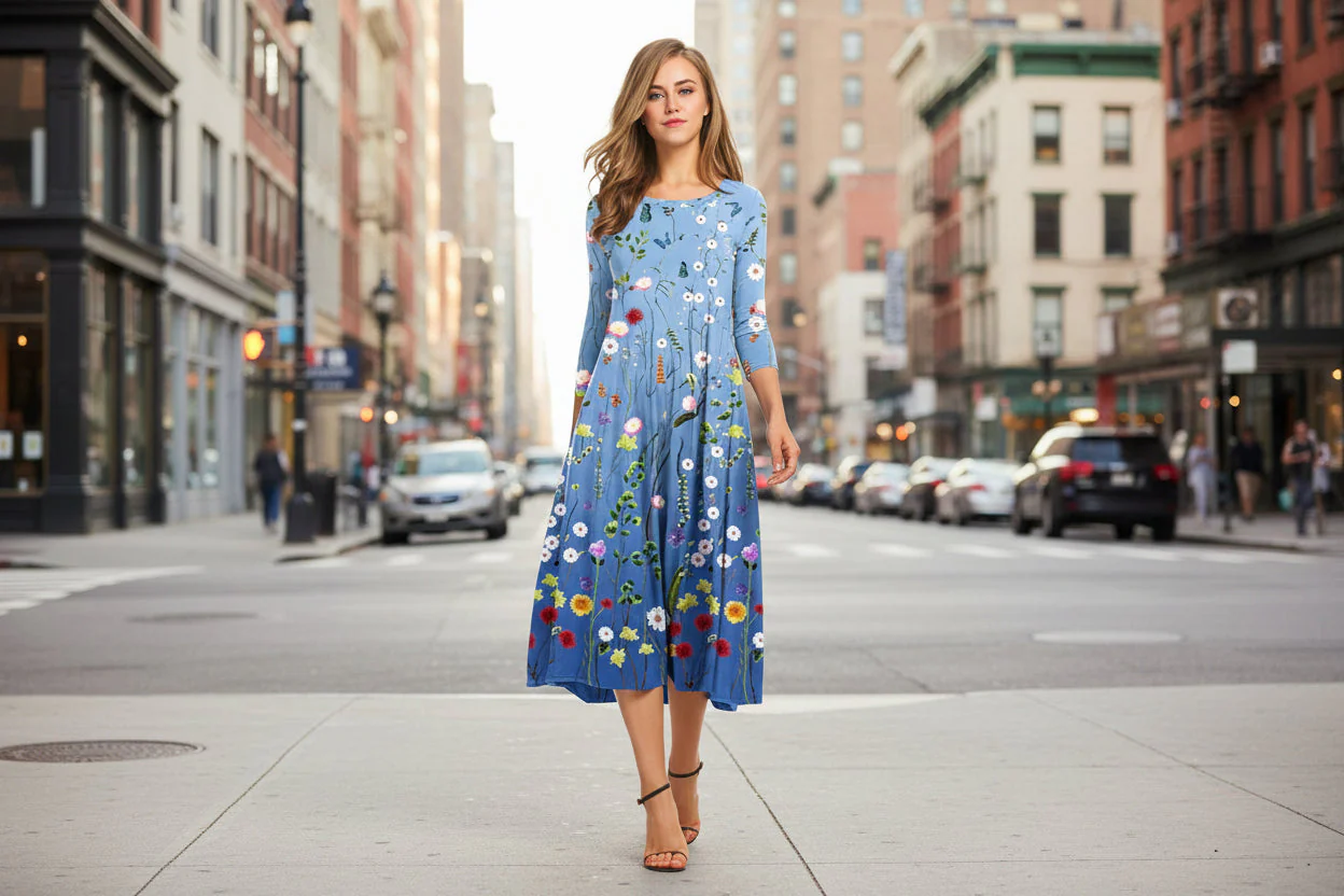 Women’s Floral Patchwork Three-Quarter Sleeve Dress - Image 8