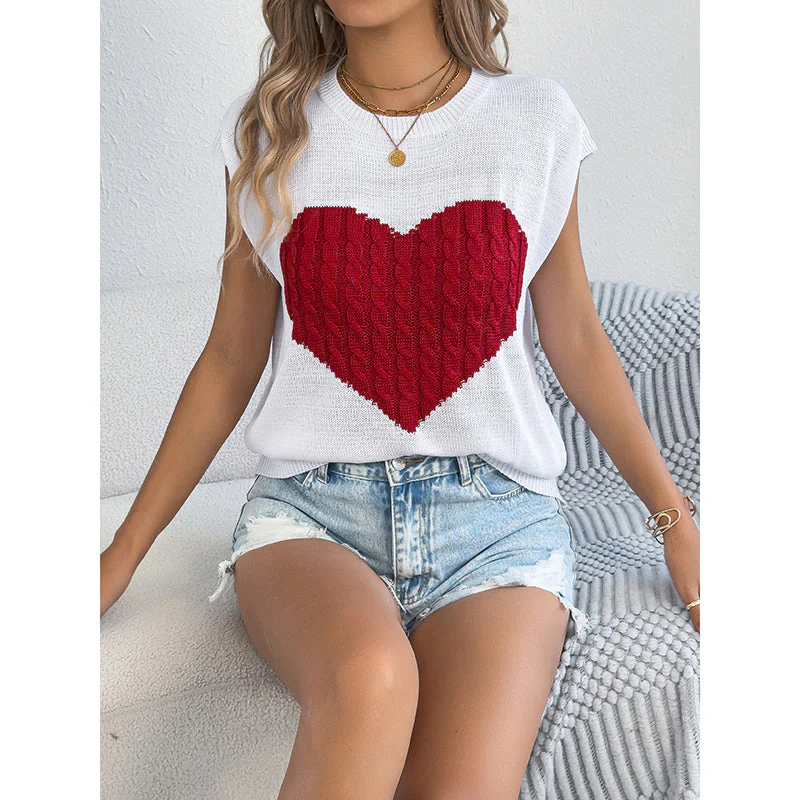 Women’s Heart Color Block Knit Top – Casual Sleeveless Valentine Tank - Image 3