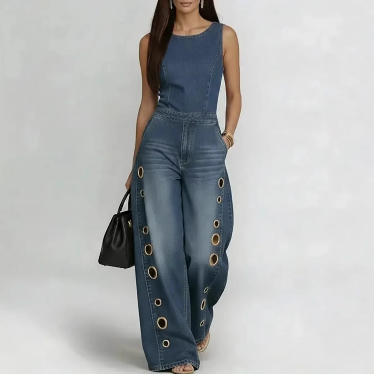 Women’s High-Waisted Sleeveless Denim Jumpsuit - Image 4