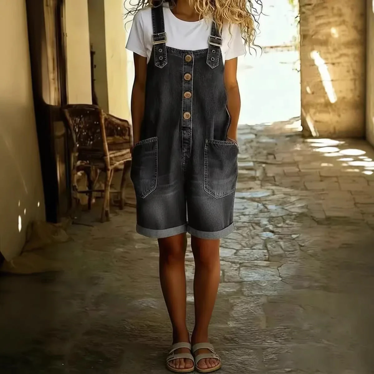 Women’s High-Waisted Sleeveless Denim Shorts Jumpsuit - Image 2