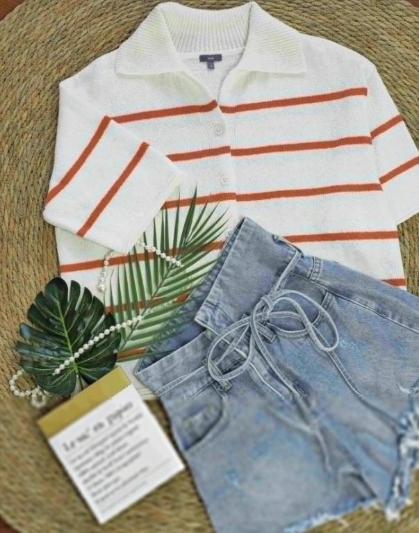 Women’s Knit Button Cardigan with Striped Short Sleeves - Image 11