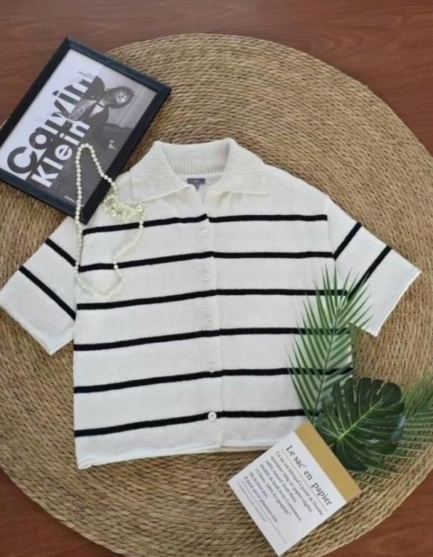 Women’s Knit Button Cardigan with Striped Short Sleeves - Image 8
