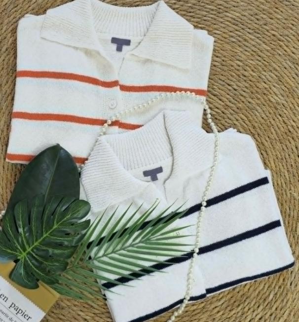 Women’s Knit Button Cardigan with Striped Short Sleeves - Image 9