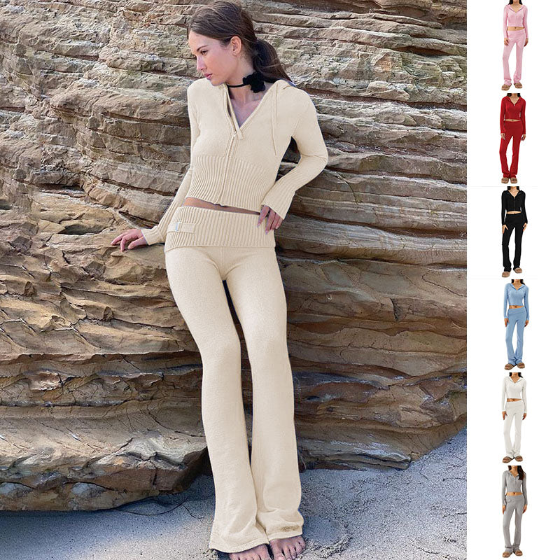 Women’s Knitted Hooded Two-Piece Set – Cardigan & High-Waisted Pants Suit - Image 2