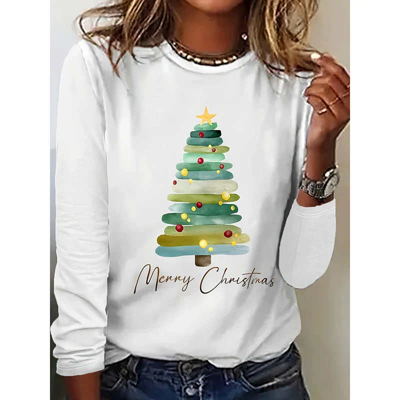 Women’s Long Sleeve Merry Christmas T-Shirt – Cute Christmas Tree Graphic Tee - Image 10