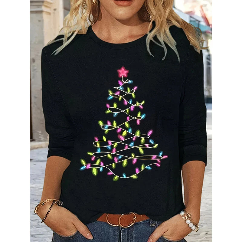 Women’s Long Sleeve Merry Christmas T-Shirt – Cute Christmas Tree Graphic Tee - Image 3