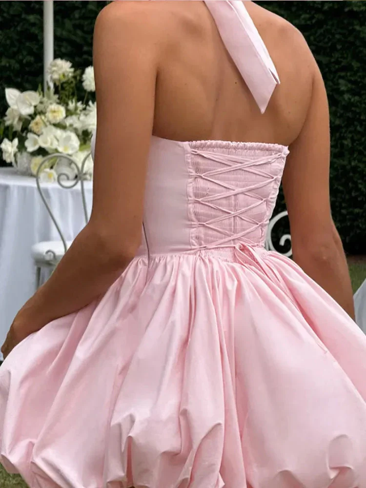 Women’s Pink Corset Puffball-Hem Mini Dress - Image 3
