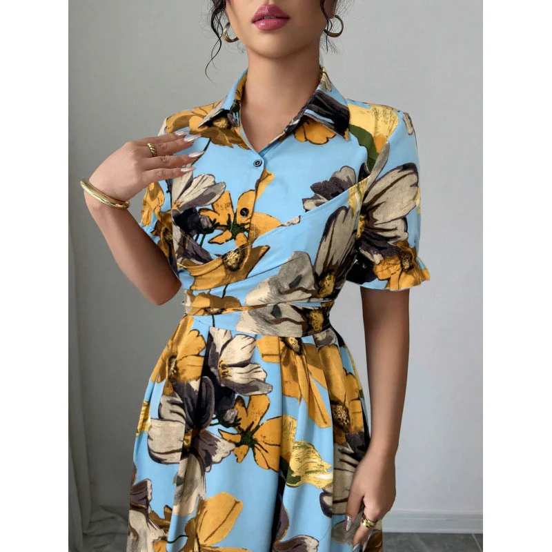 Women’s Printed Puff Sleeve Dress – Blouse Collar Cross-Tie Waist Style - Image 7