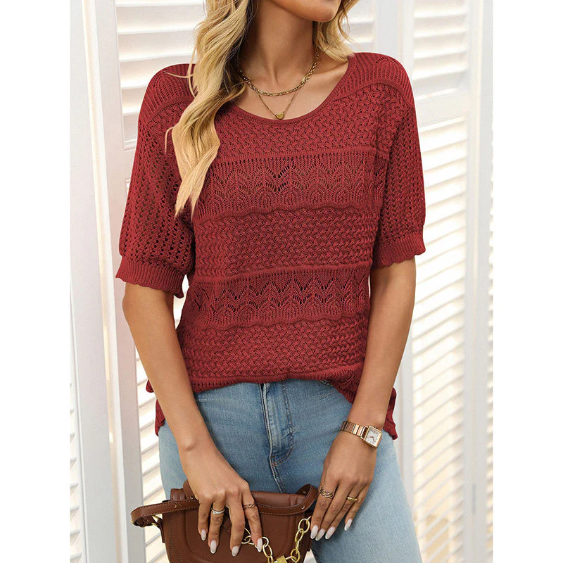 Women’s Short Sleeve Crochet Knit Hollow-Out Top - Image 12