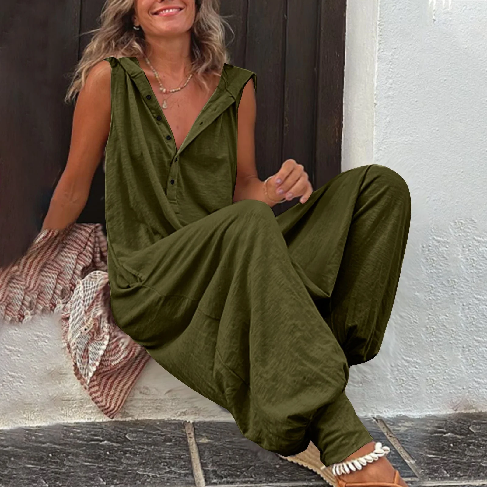 Women’s Sleeveless Hooded Relaxed Fit Jumpsuit - Image 2