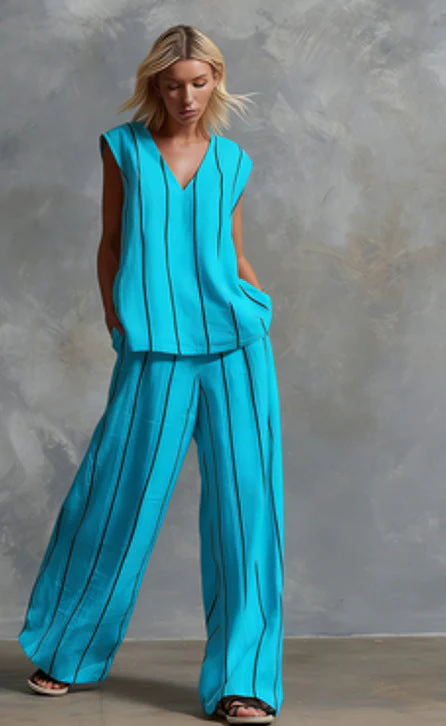 Women’s Sleeveless Striped Top and Full-Length Pants Set - Image 7