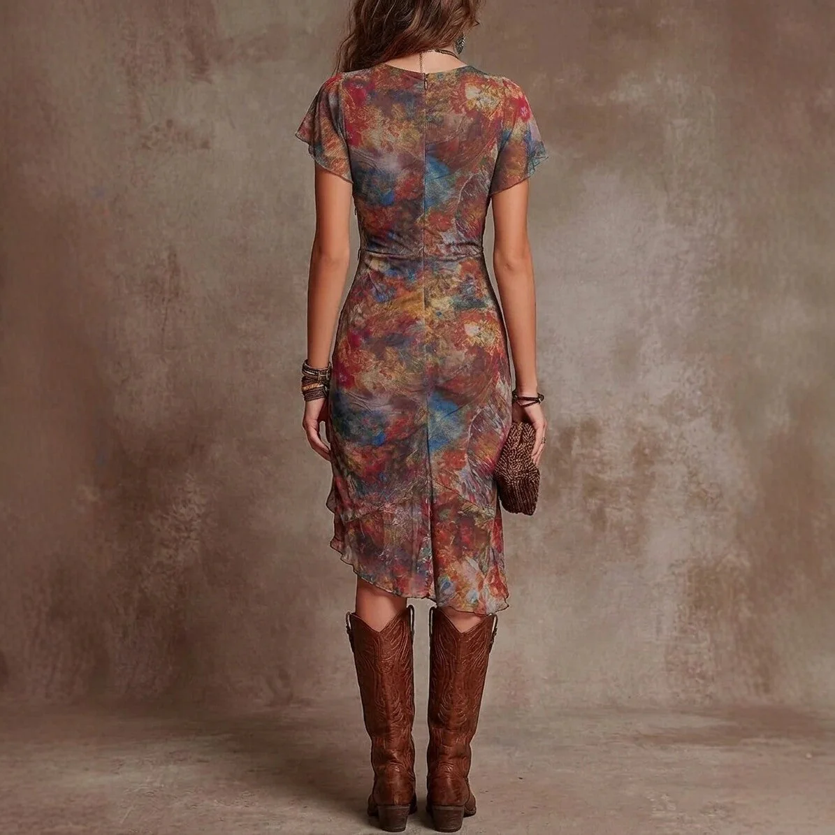 Women’s Slim-Fit Printed V-Neck Defined Waist Dress - Image 3
