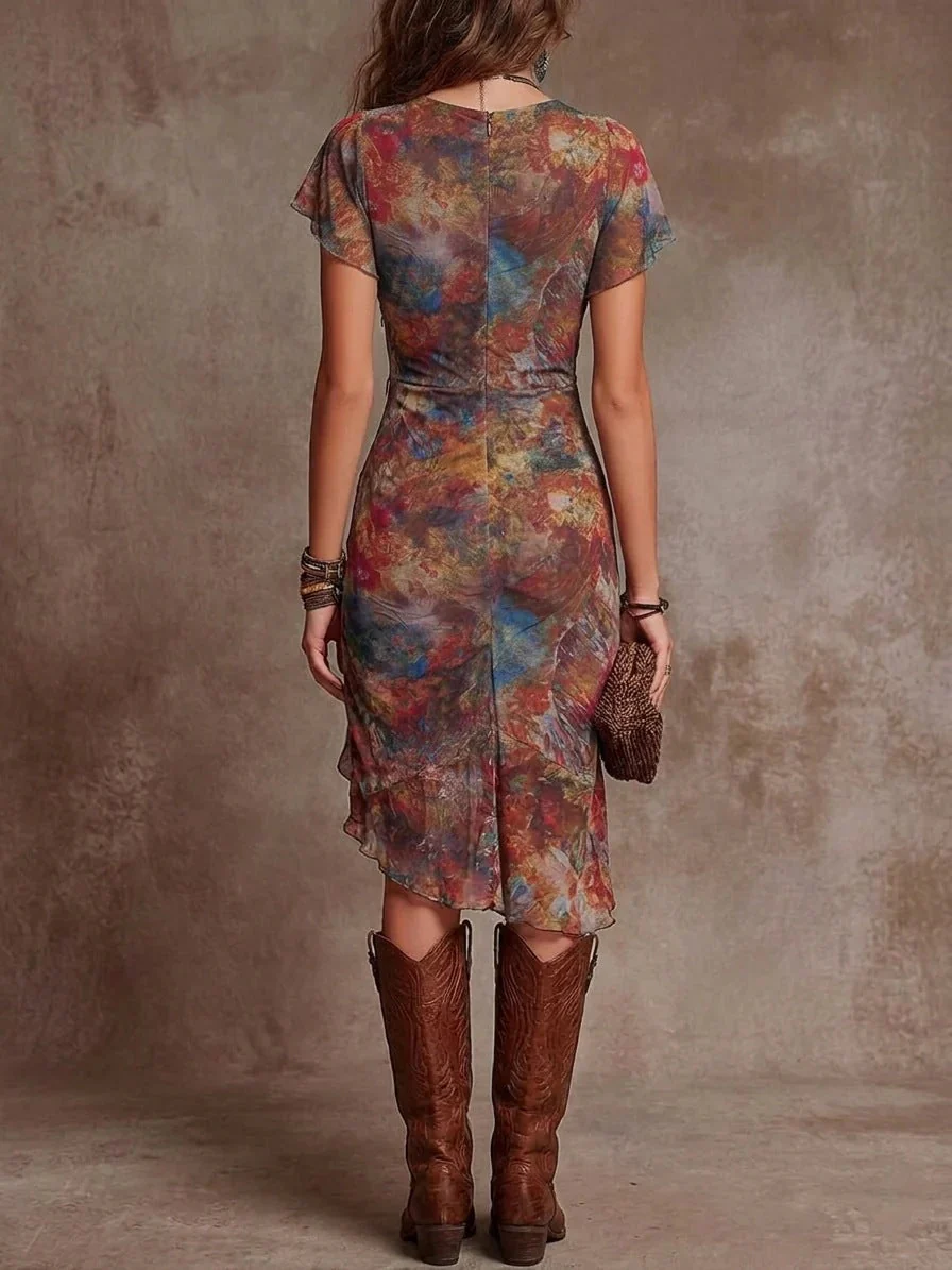 Women’s Slim-Fit Printed V-Neck Defined Waist Dress - Image 6