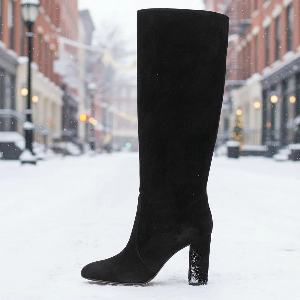 Women’s Suede High Heel Boots | Pleated Thick Heel Pointed Toe - Image 4