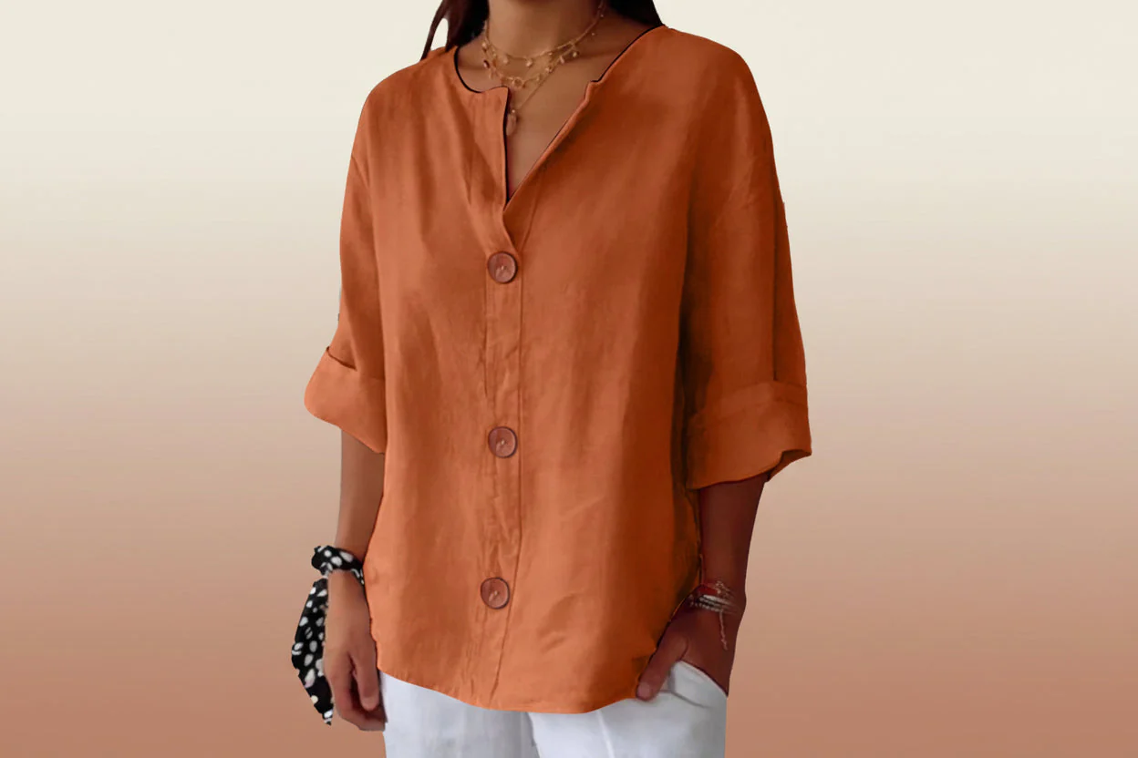 Women’s V-Neck Cotton Linen Buttoned Blouse - Image 11