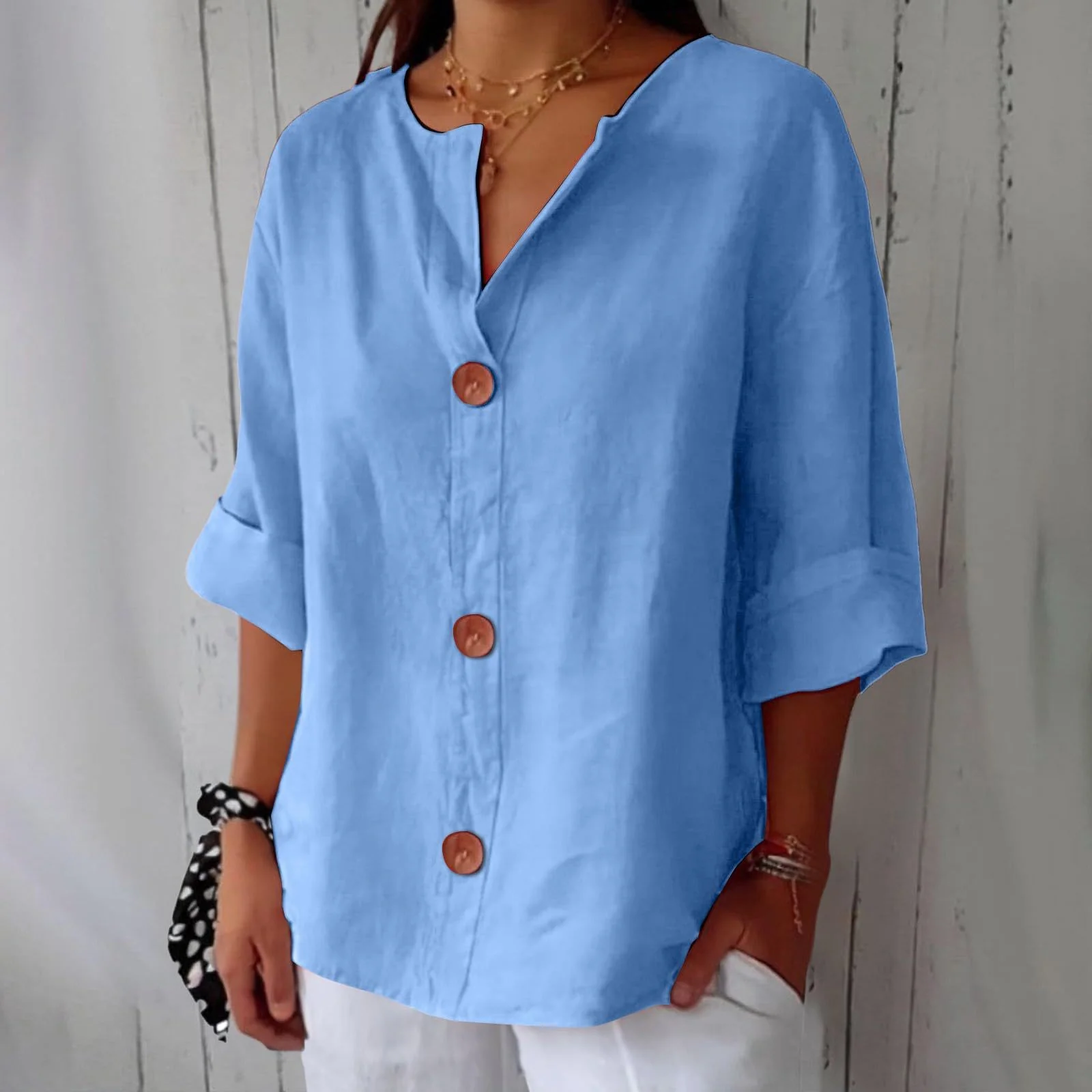 Women’s V-Neck Cotton Linen Buttoned Blouse - Image 14