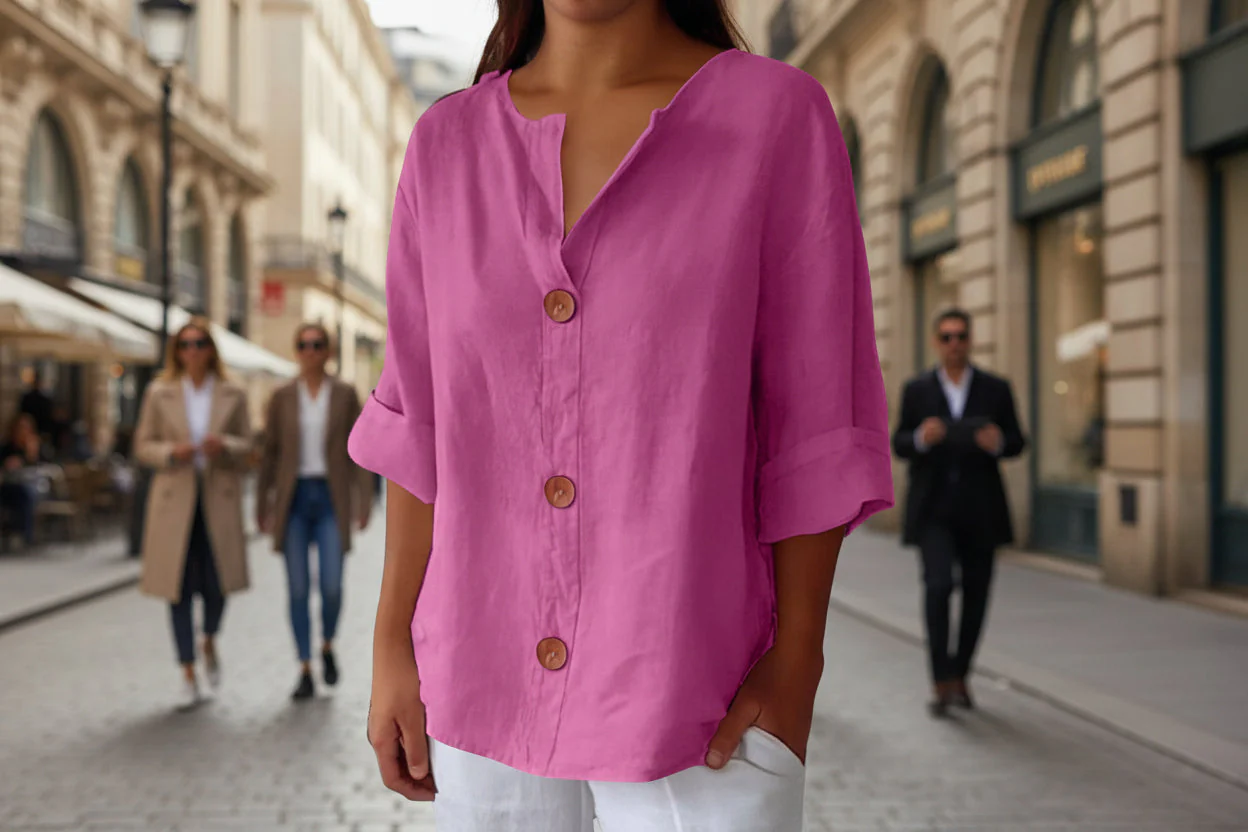 Women’s V-Neck Cotton Linen Buttoned Blouse - Image 2