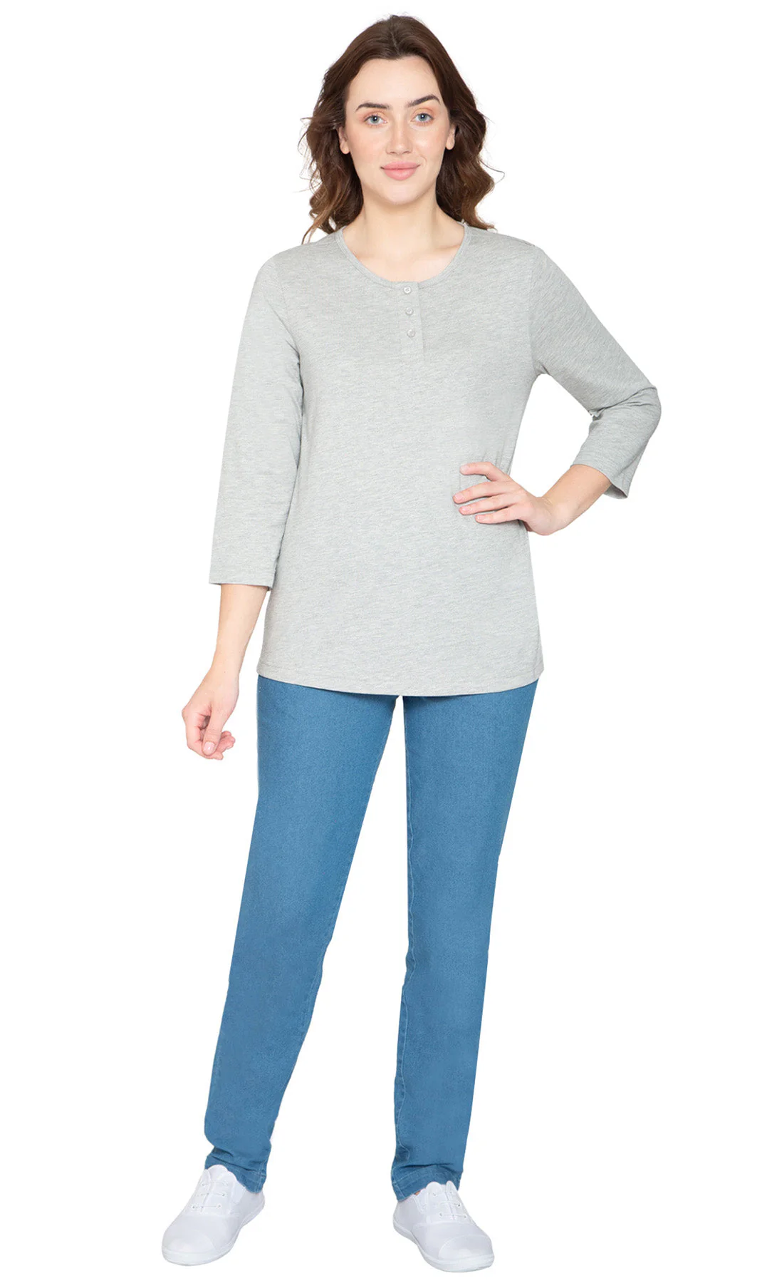 Women's 3/4 sleeves Henley in Cotton Blend with Button Placket - Image 34