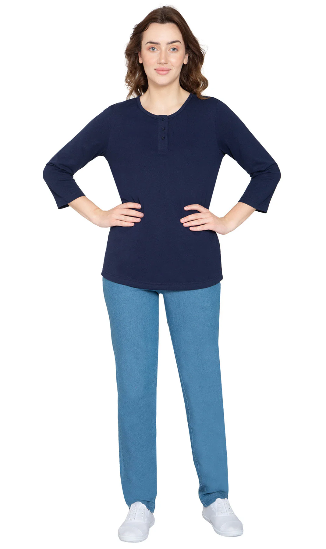 Women's 3/4 sleeves Henley in Cotton Blend with Button Placket - Image 45