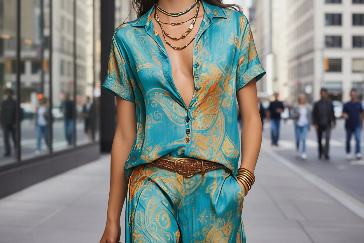 Women's Bohemian Printed Resort Two-Piece Set – 3/4 Sleeve Shirt & Pants - Image 3
