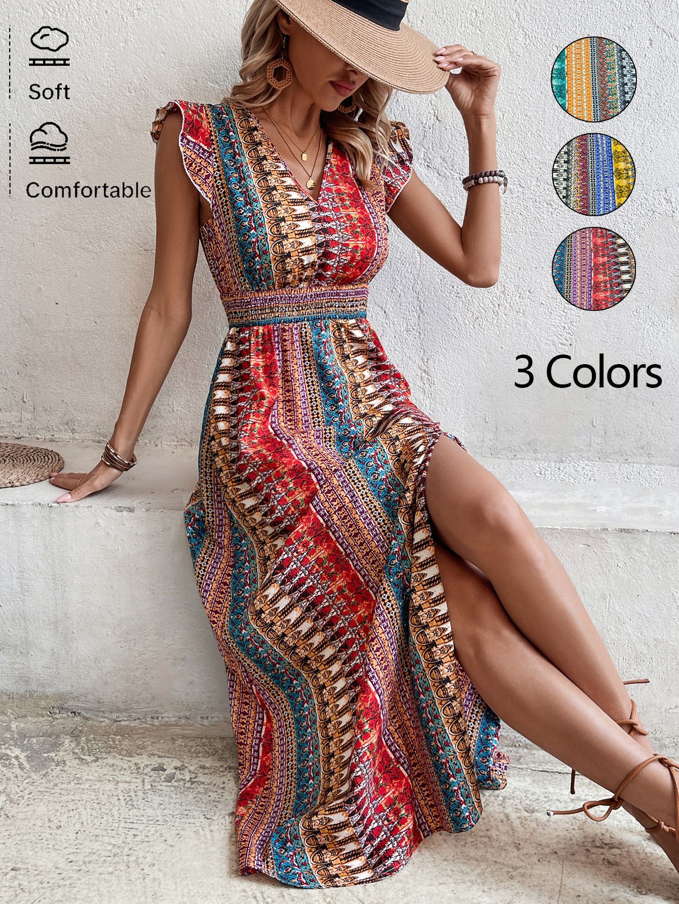 Women's Boho Geometric Print Puff Sleeve A-Line Maxi Dress – 3 Colors S–XL - Image 6