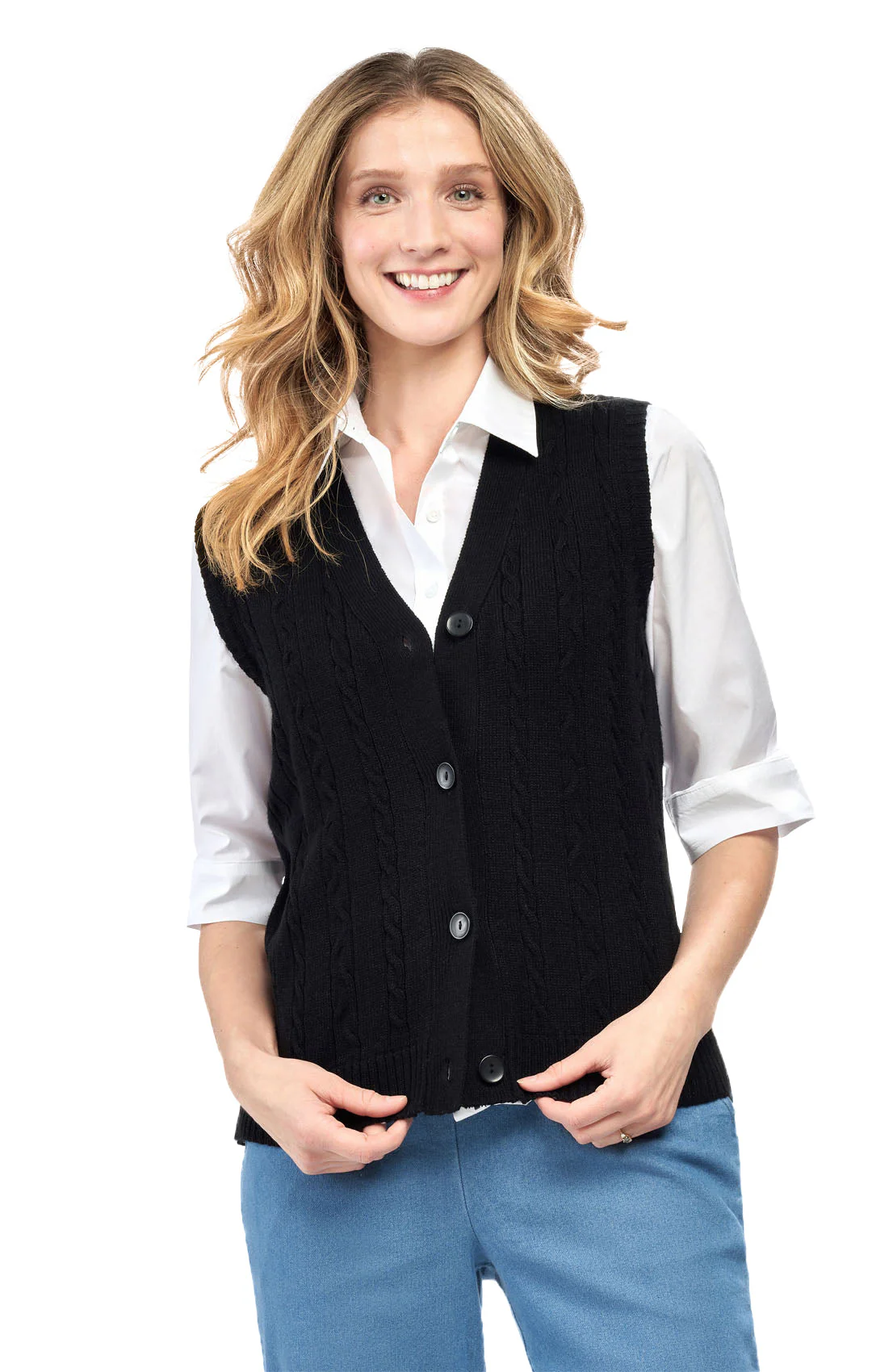 Womens Button Front Cable Knit Cardigan Sweater Vest - Image 3