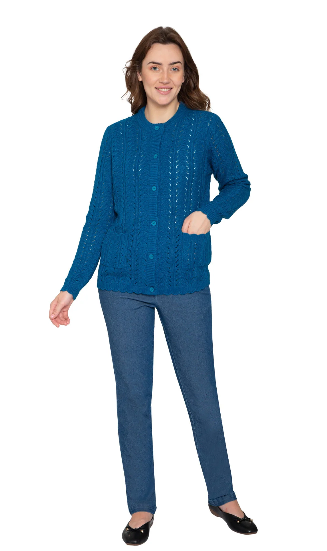 Women's Button Front Crochet Pointelle Cardigan with Pockets - Image 11