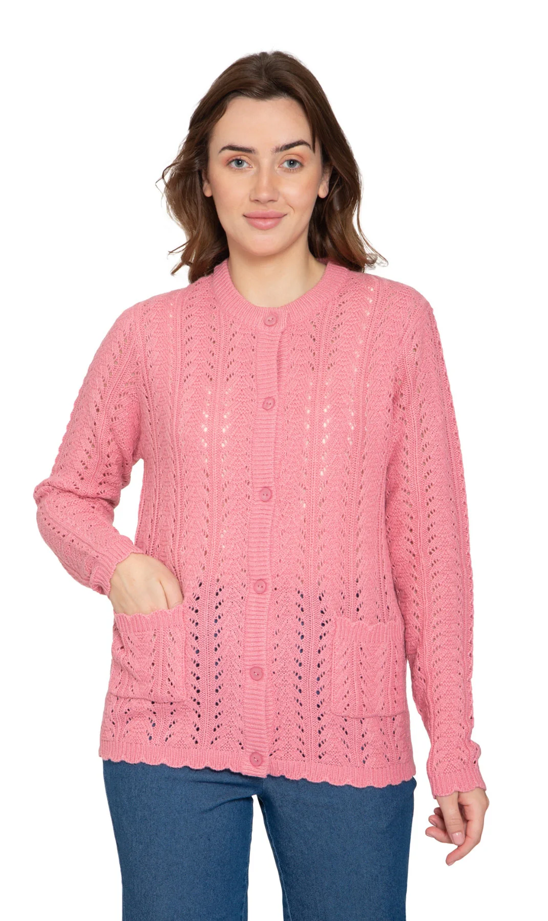 Women's Button Front Crochet Pointelle Cardigan with Pockets - Image 13