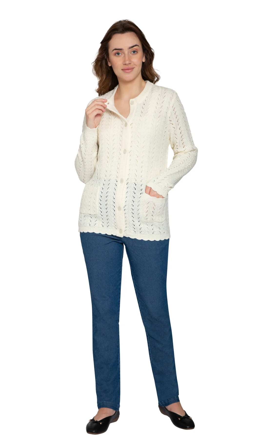 Women's Button Front Crochet Pointelle Cardigan with Pockets - Image 5