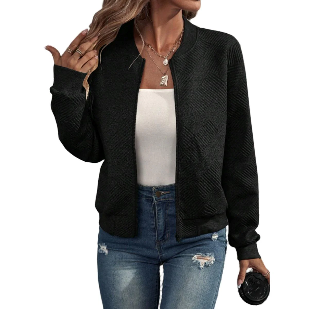 Women's Chevron Textured Bomber Jacket - Image 27
