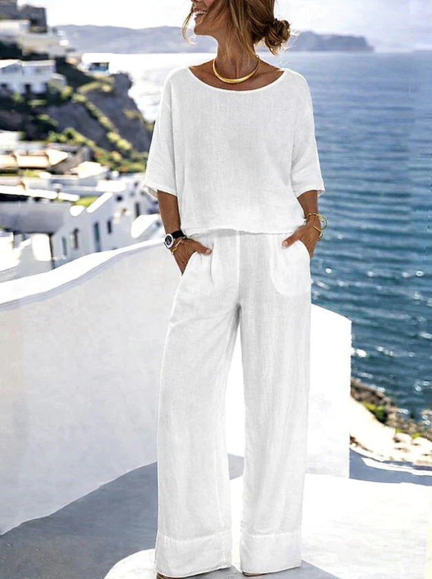 Women's Cotton Linen Resort Set – Short Sleeve Top & Wide-Leg Pants - Image 13