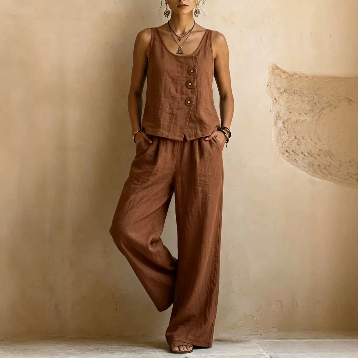 Women's Cotton Linen Sleeveless Tank Top & Pants Two-Piece Set - Image 5