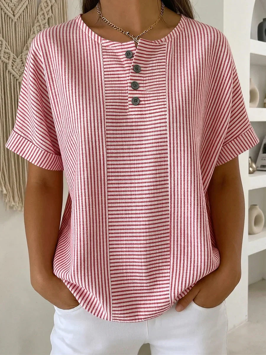 Women's Cotton Linen Striped T-Shirt – V-Neck, Button Detail, Loose Fit - Image 8