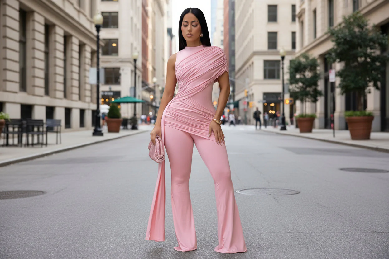 Women's Crew-Neck Pleated Ribbon Flare Jumpsuit - Image 2
