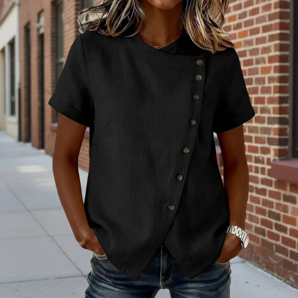 Women's Cross-Neckline Asymmetrical Hem Cotton Linen Top – Loose Fit - Image 2